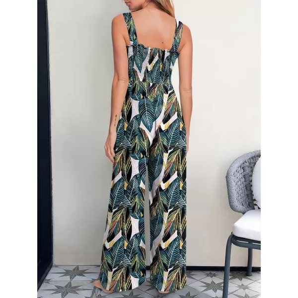 Caracilia Womens Casual Loose Sleeveless Tank Jumpsuits Square Collar Smocked Wide Leg Jumpsuit Rompers with Pockets