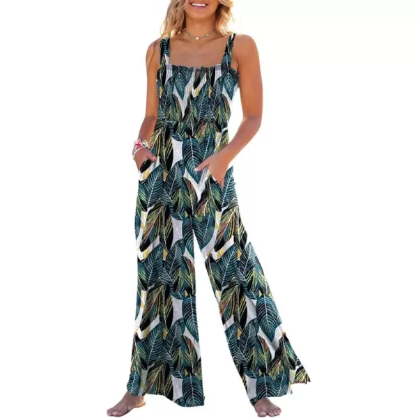 Caracilia Womens Casual Loose Sleeveless Tank Jumpsuits Square Collar Smocked Wide Leg Jumpsuit Rompers with Pockets