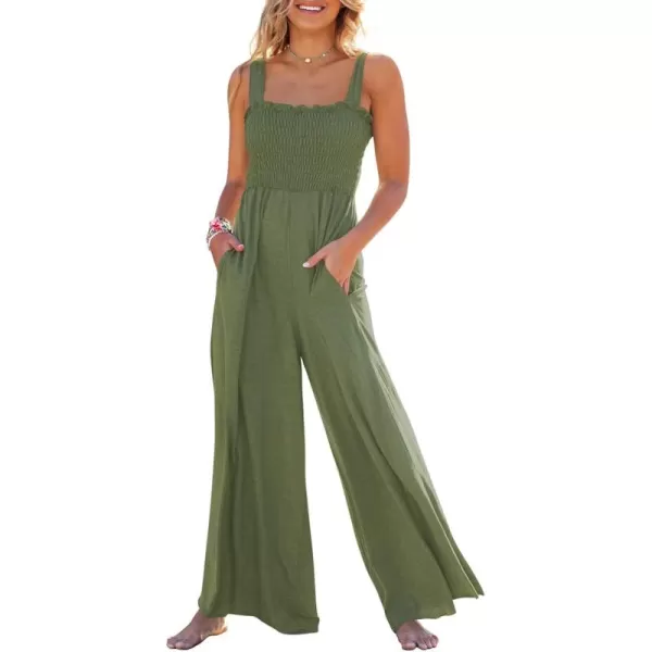 Caracilia Womens Casual Loose Sleeveless Tank Jumpsuits Square Collar Smocked Wide Leg Jumpsuit Rompers with Pockets