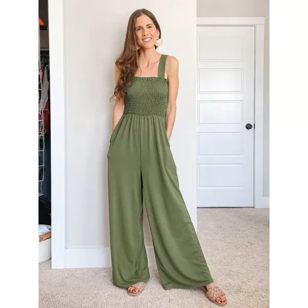 Caracilia Womens Casual Loose Sleeveless Tank Jumpsuits Square Collar Smocked Wide Leg Jumpsuit Rompers with Pockets