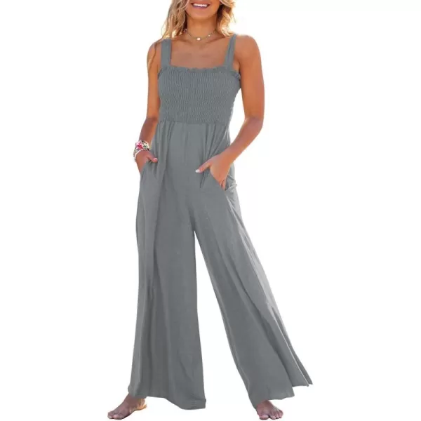 Caracilia Womens Casual Loose Sleeveless Tank Jumpsuits Square Collar Smocked Wide Leg Jumpsuit Rompers with Pockets