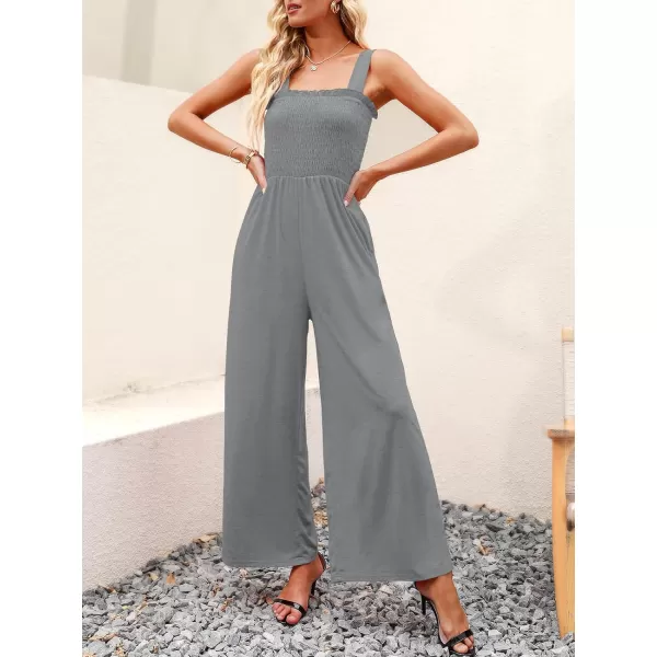 Caracilia Womens Casual Loose Sleeveless Tank Jumpsuits Square Collar Smocked Wide Leg Jumpsuit Rompers with Pockets