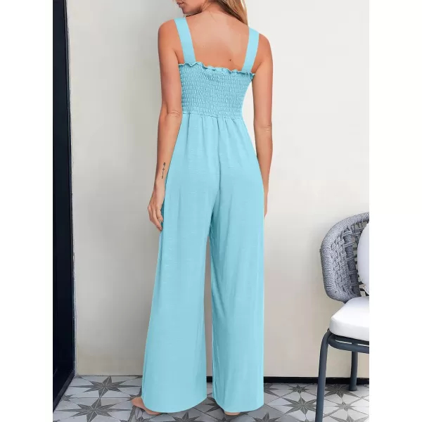 Caracilia Womens Casual Loose Sleeveless Tank Jumpsuits Square Collar Smocked Wide Leg Jumpsuit Rompers with Pockets