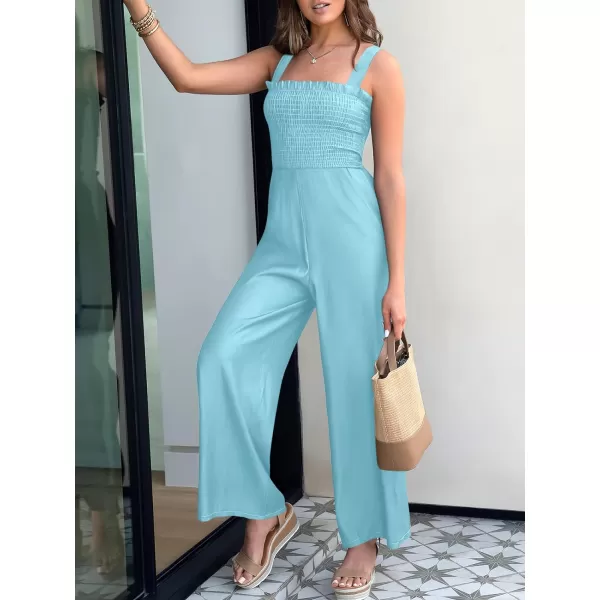 Caracilia Womens Casual Loose Sleeveless Tank Jumpsuits Square Collar Smocked Wide Leg Jumpsuit Rompers with Pockets