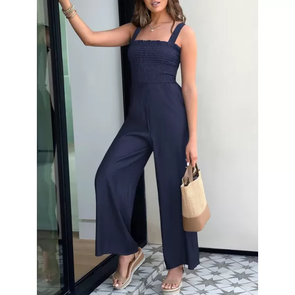 Caracilia Womens Casual Loose Sleeveless Tank Jumpsuits Square Collar Smocked Wide Leg Jumpsuit Rompers with Pockets