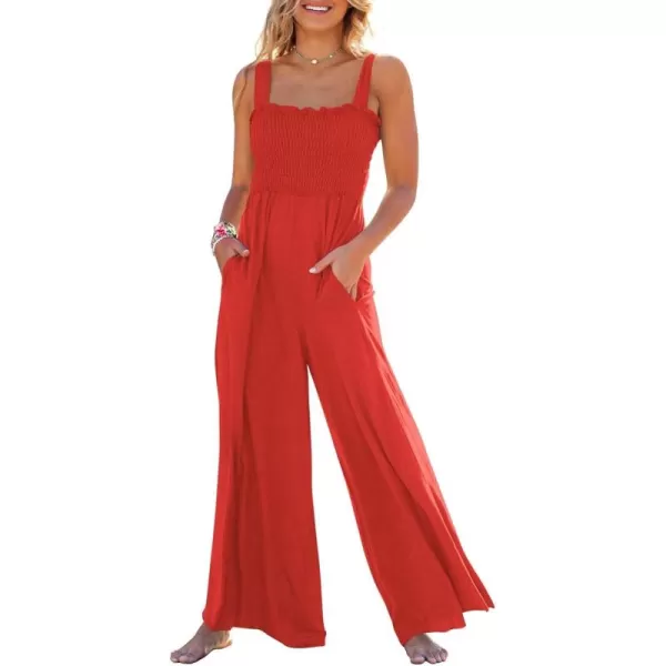 Caracilia Womens Casual Loose Sleeveless Tank Jumpsuits Square Collar Smocked Wide Leg Jumpsuit Rompers with Pockets