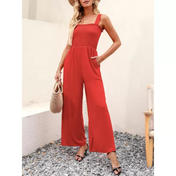 Caracilia Womens Casual Loose Sleeveless Tank Jumpsuits Square Collar Smocked Wide Leg Jumpsuit Rompers with Pockets