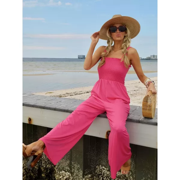 Caracilia Womens Casual Loose Sleeveless Tank Jumpsuits Square Collar Smocked Wide Leg Jumpsuit Rompers with Pockets