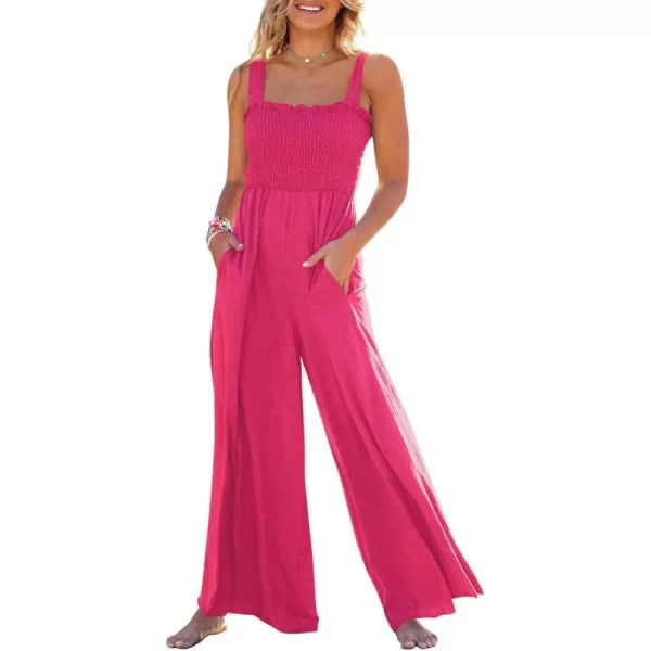 Caracilia Womens Casual Loose Sleeveless Tank Jumpsuits Square Collar Smocked Wide Leg Jumpsuit Rompers with Pockets