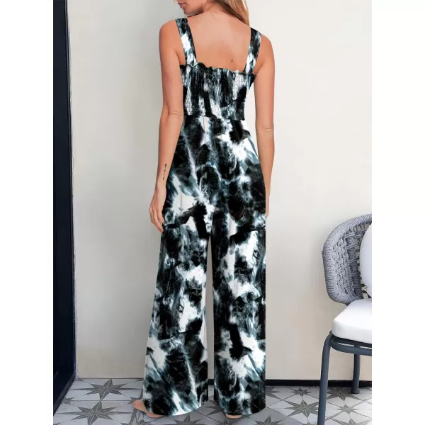 Caracilia Womens Casual Loose Sleeveless Tank Jumpsuits Square Collar Smocked Wide Leg Jumpsuit Rompers with Pockets