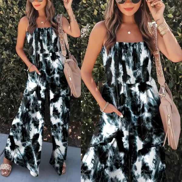 Caracilia Womens Casual Loose Sleeveless Tank Jumpsuits Square Collar Smocked Wide Leg Jumpsuit Rompers with Pockets