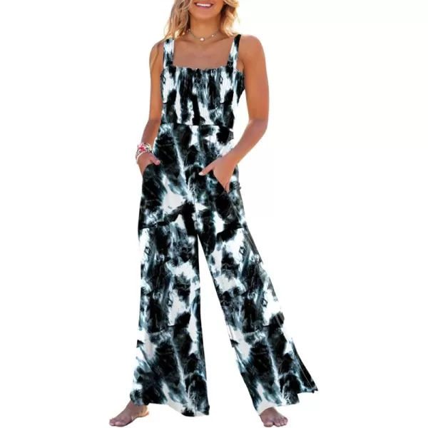 Caracilia Womens Casual Loose Sleeveless Tank Jumpsuits Square Collar Smocked Wide Leg Jumpsuit Rompers with Pockets