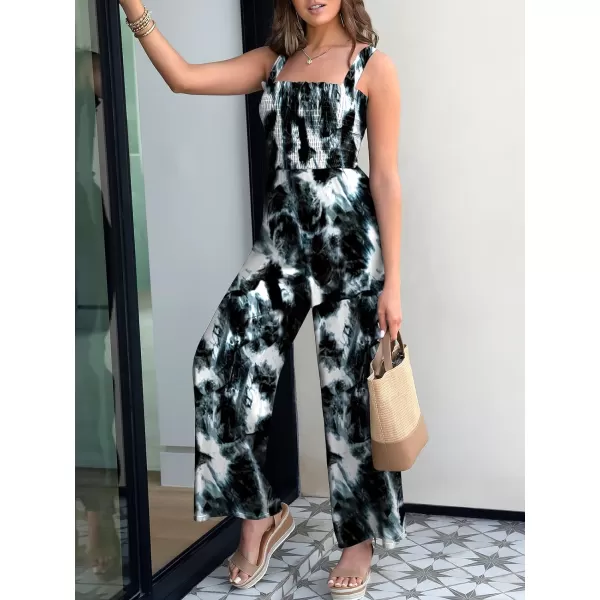 Caracilia Womens Casual Loose Sleeveless Tank Jumpsuits Square Collar Smocked Wide Leg Jumpsuit Rompers with Pockets