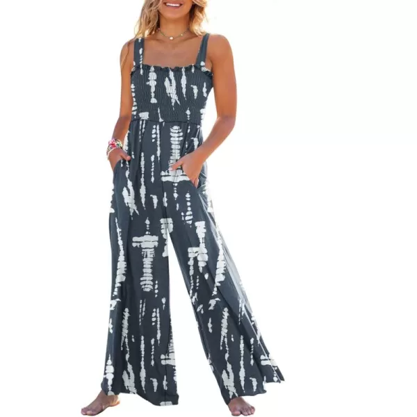 Caracilia Womens Casual Loose Sleeveless Tank Jumpsuits Square Collar Smocked Wide Leg Jumpsuit Rompers with Pockets