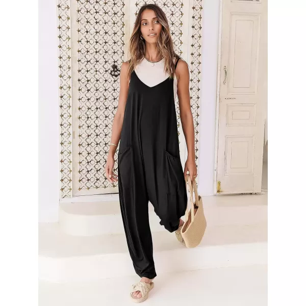 Caracilia Women's Casual jumpsuits Sleeveless Spaghetti Strap Stretchy Comfy Harem Pants Baggy Overalls Jumpers with Pockets