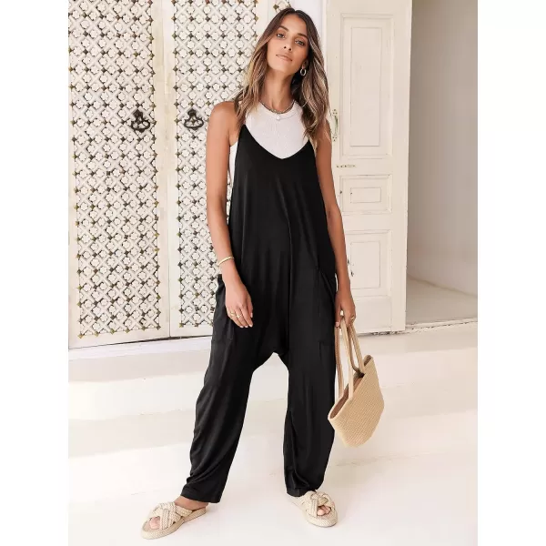 Caracilia Women's Casual jumpsuits Sleeveless Spaghetti Strap Stretchy Comfy Harem Pants Baggy Overalls Jumpers with Pockets