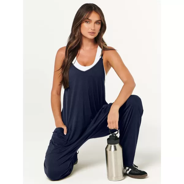 Caracilia Women's Casual jumpsuits Sleeveless Spaghetti Strap Stretchy Comfy Harem Pants Baggy Overalls Jumpers with Pockets