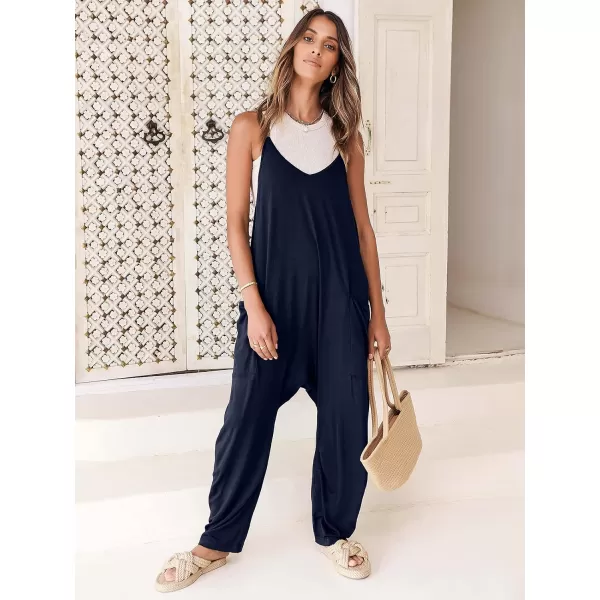 Caracilia Women's Casual jumpsuits Sleeveless Spaghetti Strap Stretchy Comfy Harem Pants Baggy Overalls Jumpers with Pockets