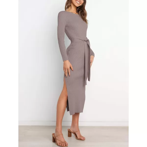 Caracilia Women's Crew Neck Long Sleeve Midi Sweater Dress Elegant Side Slit Bodycon Dress with Belt