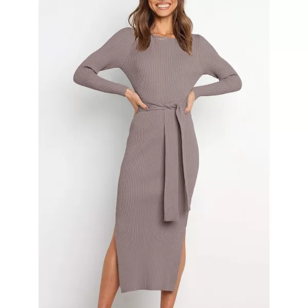 Caracilia Women's Crew Neck Long Sleeve Midi Sweater Dress Elegant Side Slit Bodycon Dress with Belt