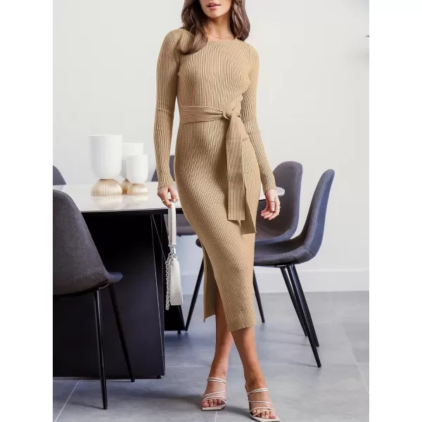 Caracilia Women's Crew Neck Long Sleeve Midi Sweater Dress Elegant Side Slit Bodycon Dress with Belt