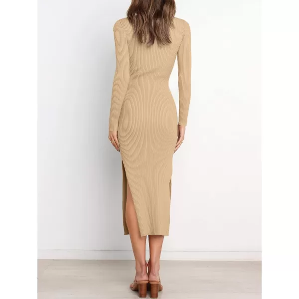 Caracilia Women's Crew Neck Long Sleeve Midi Sweater Dress Elegant Side Slit Bodycon Dress with Belt
