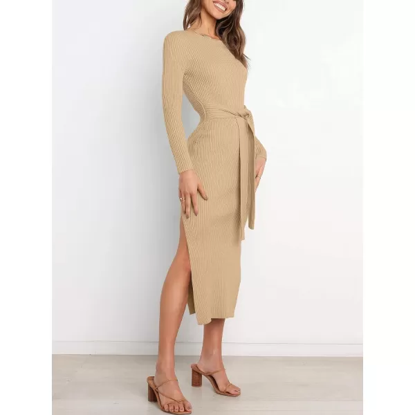 Caracilia Women's Crew Neck Long Sleeve Midi Sweater Dress Elegant Side Slit Bodycon Dress with Belt