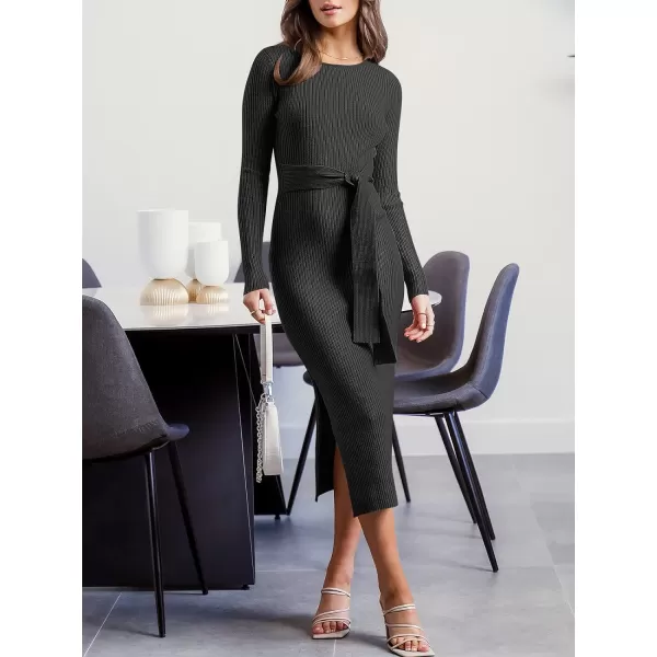 Caracilia Women's Crew Neck Long Sleeve Midi Sweater Dress Elegant Side Slit Bodycon Dress with Belt