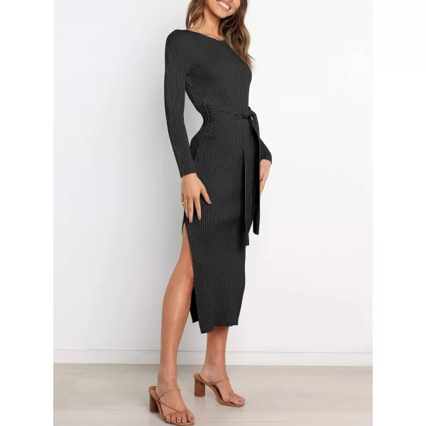 Caracilia Women's Crew Neck Long Sleeve Midi Sweater Dress Elegant Side Slit Bodycon Dress with Belt
