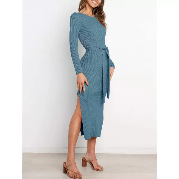 Caracilia Women's Crew Neck Long Sleeve Midi Sweater Dress Elegant Side Slit Bodycon Dress with Belt