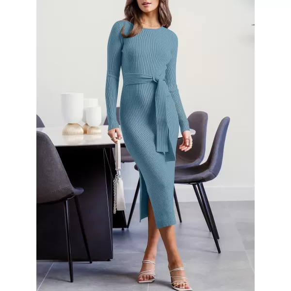 Caracilia Women's Crew Neck Long Sleeve Midi Sweater Dress Elegant Side Slit Bodycon Dress with Belt