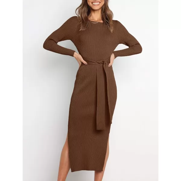 Caracilia Women's Crew Neck Long Sleeve Midi Sweater Dress Elegant Side Slit Bodycon Dress with Belt