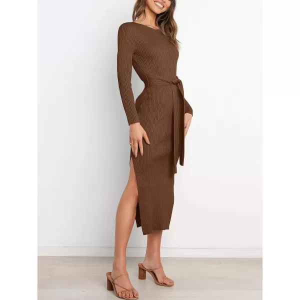 Caracilia Women's Crew Neck Long Sleeve Midi Sweater Dress Elegant Side Slit Bodycon Dress with Belt