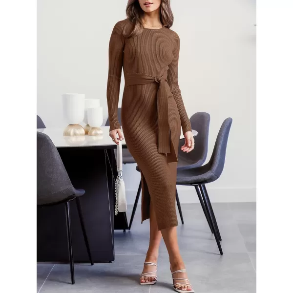 Caracilia Women's Crew Neck Long Sleeve Midi Sweater Dress Elegant Side Slit Bodycon Dress with Belt