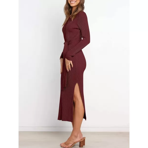 Caracilia Women's Crew Neck Long Sleeve Midi Sweater Dress Elegant Side Slit Bodycon Dress with Belt