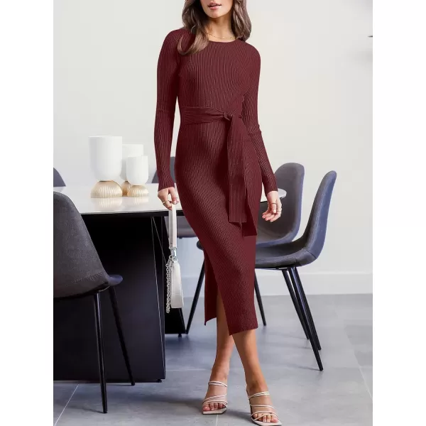 Caracilia Women's Crew Neck Long Sleeve Midi Sweater Dress Elegant Side Slit Bodycon Dress with Belt