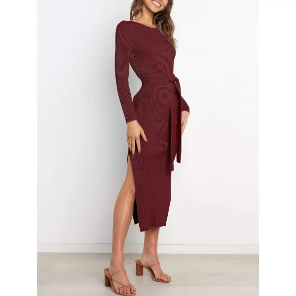 Caracilia Women's Crew Neck Long Sleeve Midi Sweater Dress Elegant Side Slit Bodycon Dress with Belt