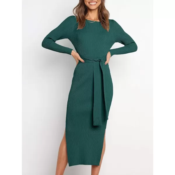 Caracilia Women's Crew Neck Long Sleeve Midi Sweater Dress Elegant Side Slit Bodycon Dress with Belt