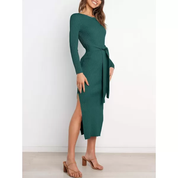 Caracilia Women's Crew Neck Long Sleeve Midi Sweater Dress Elegant Side Slit Bodycon Dress with Belt