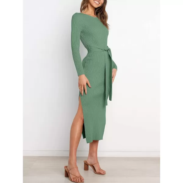 Caracilia Women's Crew Neck Long Sleeve Midi Sweater Dress Elegant Side Slit Bodycon Dress with Belt