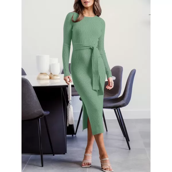 Caracilia Women's Crew Neck Long Sleeve Midi Sweater Dress Elegant Side Slit Bodycon Dress with Belt