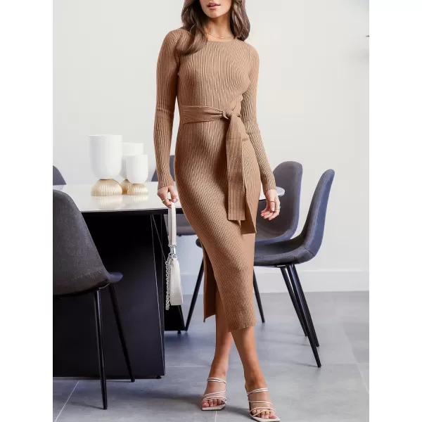 Caracilia Women's Crew Neck Long Sleeve Midi Sweater Dress Elegant Side Slit Bodycon Dress with Belt