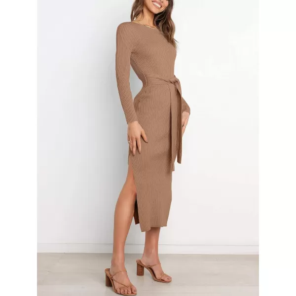 Caracilia Women's Crew Neck Long Sleeve Midi Sweater Dress Elegant Side Slit Bodycon Dress with Belt