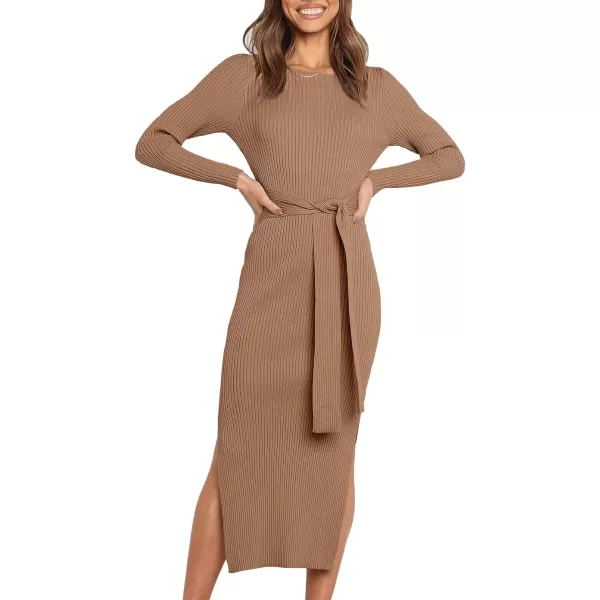Caracilia Women's Crew Neck Long Sleeve Midi Sweater Dress Elegant Side Slit Bodycon Dress with Belt