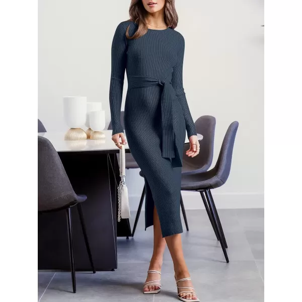 Caracilia Women's Crew Neck Long Sleeve Midi Sweater Dress Elegant Side Slit Bodycon Dress with Belt