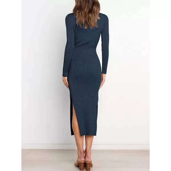 Caracilia Women's Crew Neck Long Sleeve Midi Sweater Dress Elegant Side Slit Bodycon Dress with Belt