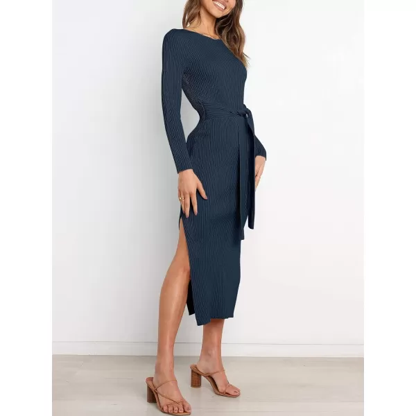 Caracilia Women's Crew Neck Long Sleeve Midi Sweater Dress Elegant Side Slit Bodycon Dress with Belt