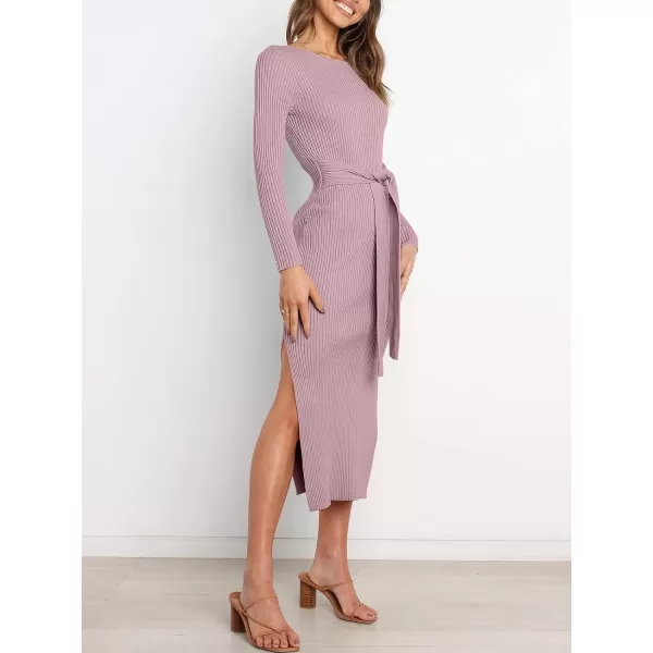 Caracilia Women's Crew Neck Long Sleeve Midi Sweater Dress Elegant Side Slit Bodycon Dress with Belt