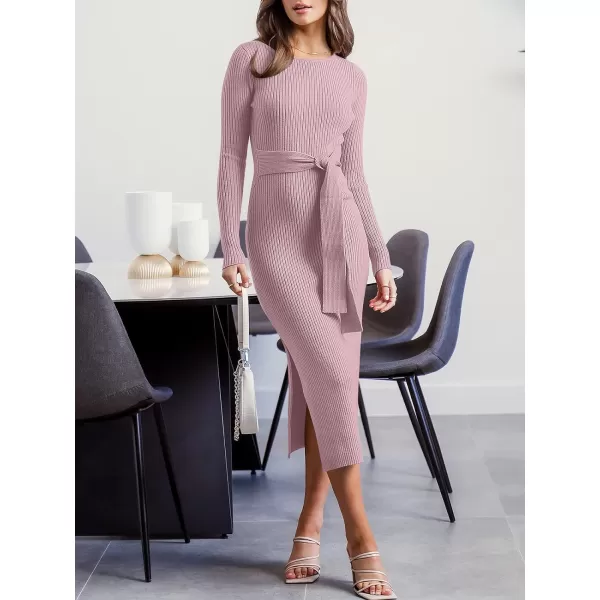 Caracilia Women's Crew Neck Long Sleeve Midi Sweater Dress Elegant Side Slit Bodycon Dress with Belt