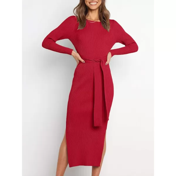 Caracilia Women's Crew Neck Long Sleeve Midi Sweater Dress Elegant Side Slit Bodycon Dress with Belt